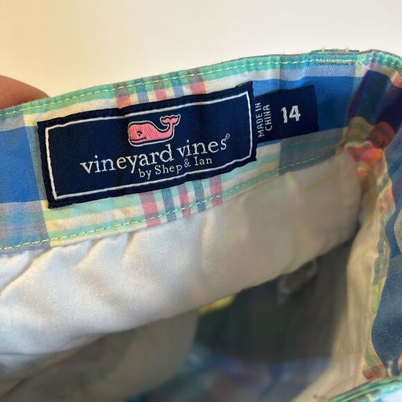 VINEYARD VINES GAP Size 14 Slim Boy's Cotton Chino Shorts Plaid Yellow Green - Picture 3 of 14